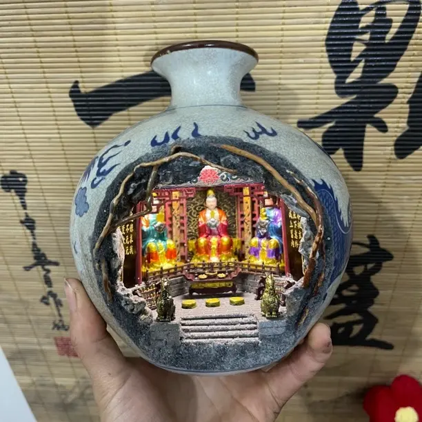 古花瓶微缩景观手工镂空创意玄关装饰泰山奶奶摆件工艺品青花瓷