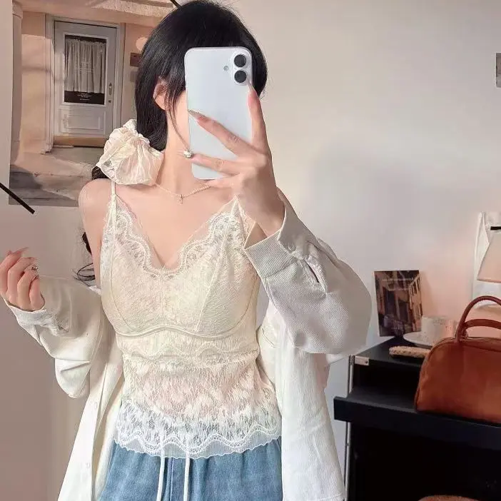 春秋新款法式蕾丝纯欲风带胸垫美背吊带背心女打底修身蕾丝上衣