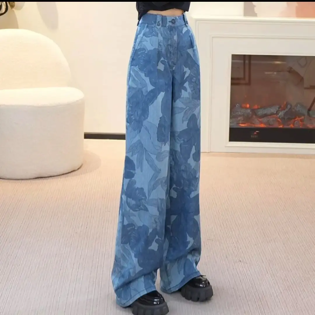 GIRDEAR/哥弟设计师款时尚潮牌高腰复古印花牛仔阔腿裤110028