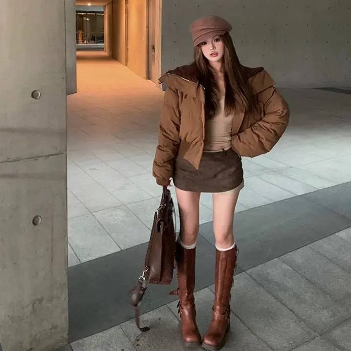 羽绒棉女2025冬季新款高腰羊羔毛大翻领短款面包服外套潮