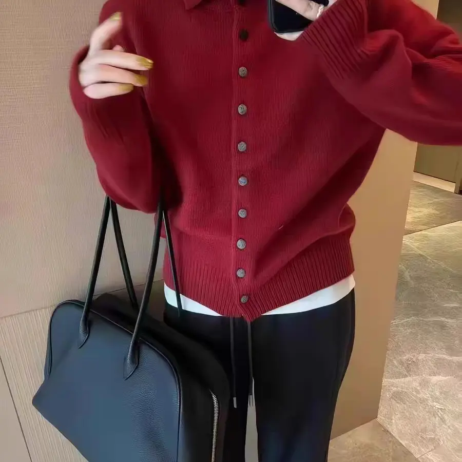 秋冬洋气高领单排扣灰色针织开衫女外套（非本图）
