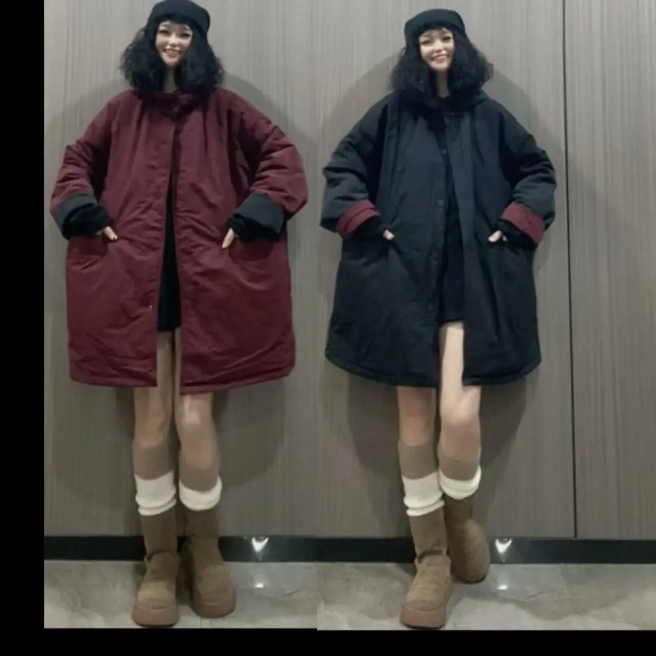 【若汐女装】欧版宽松冬季中长款连帽两面穿加厚百搭保暖棉服386