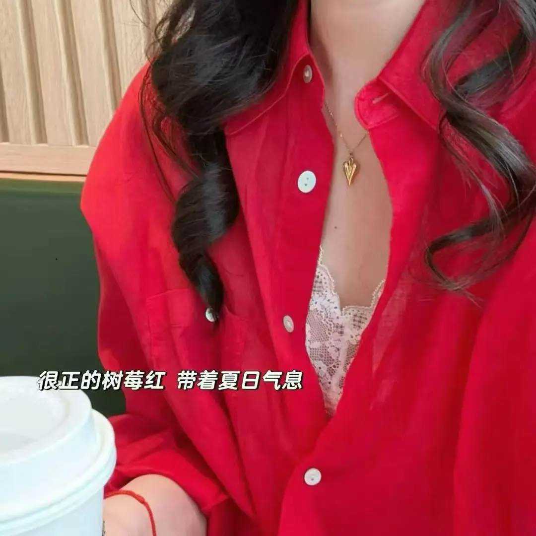 春夏红色长袖衬衫女法式高级感宽松慵懒休闲开衫上衣