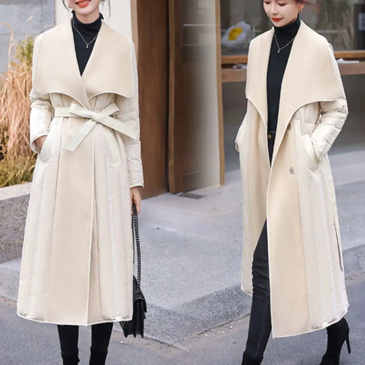 女冬新款高端双面毛呢拼接长款收腰显瘦时尚加厚外套