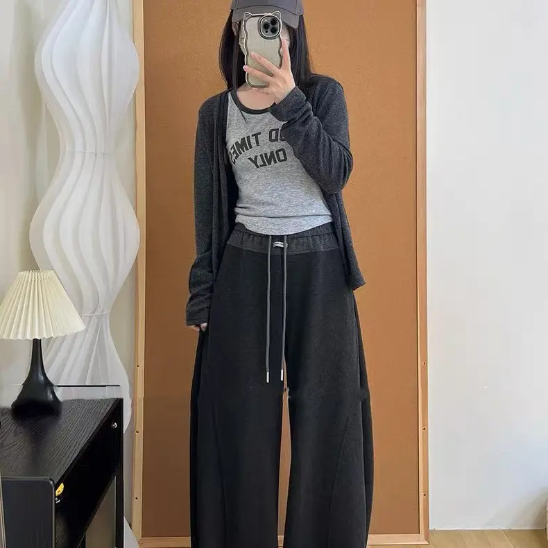 大美小美 秋冬季加绒加厚撞色香蕉裤高腰显瘦弯刀休闲阔腿长裤