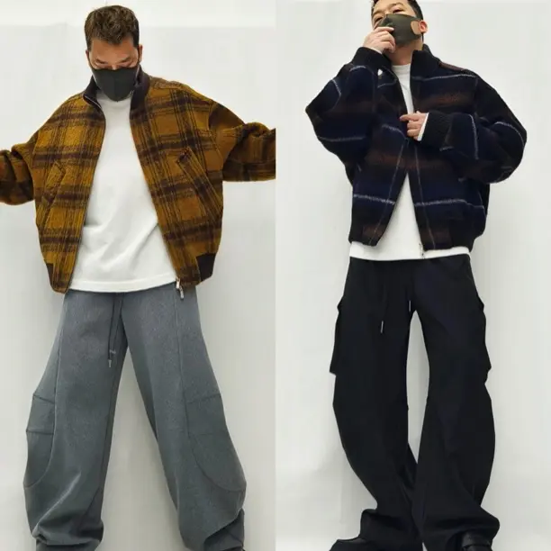 原创设计师潮牌羊驼毛呢子格纹拼接针织领口冬季双面呢宽松外套