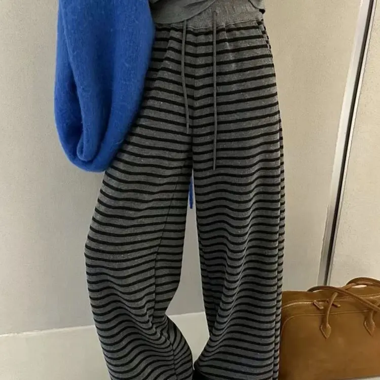 春季新款时尚高腰显瘦灰色条纹宽松长裤日常休闲百搭