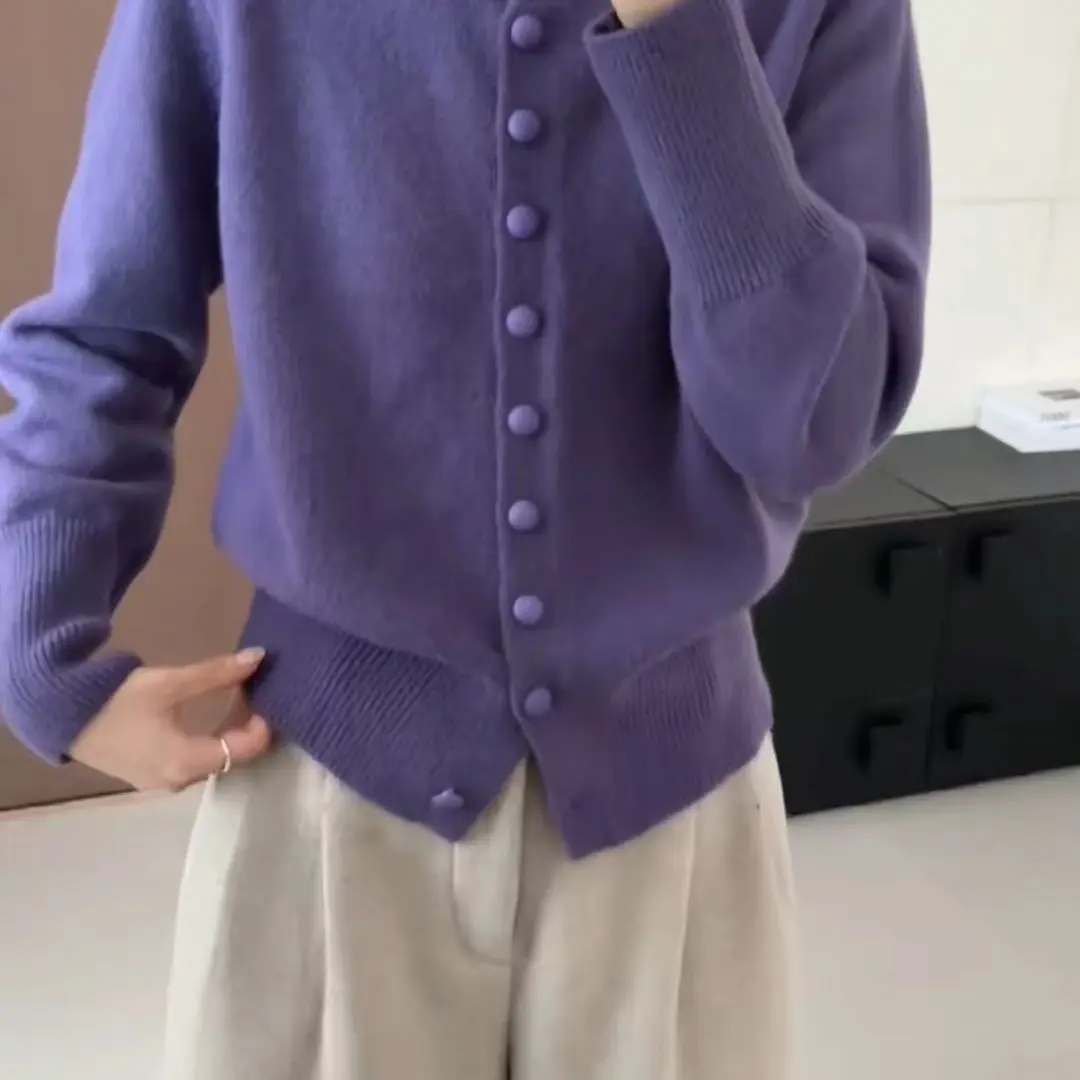 秋冬新款慵懒风纯色针织开衫毛衣女款百搭保暖上衣