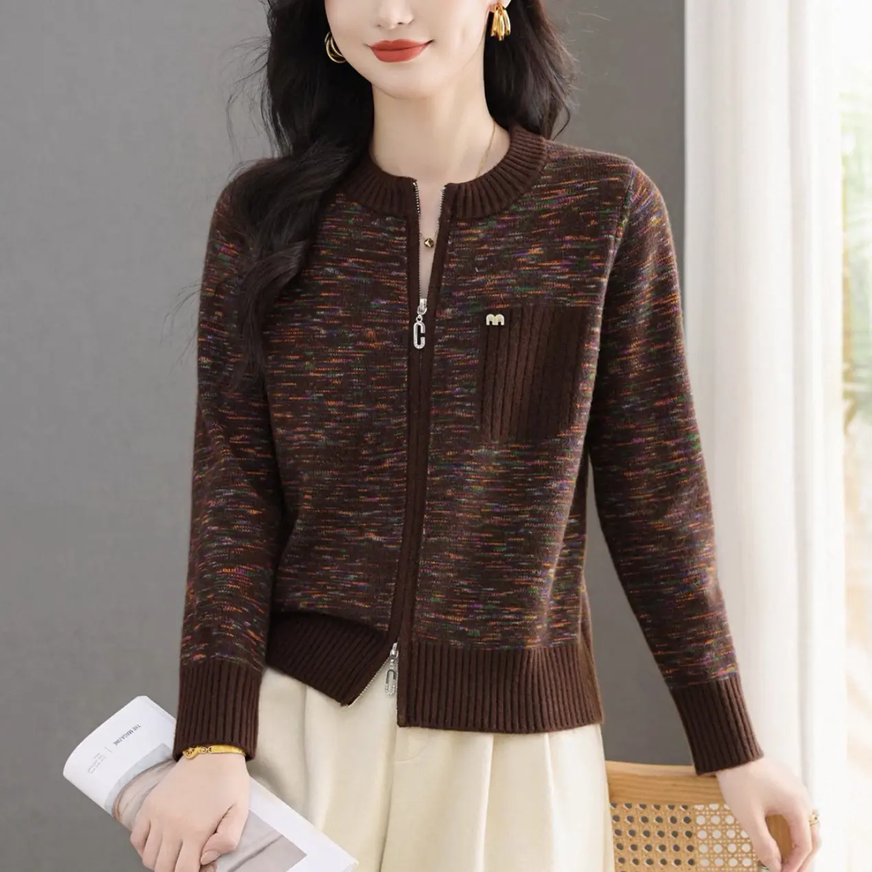 秋冬新款双拉链针织开衫女宽松显瘦短款百搭外套