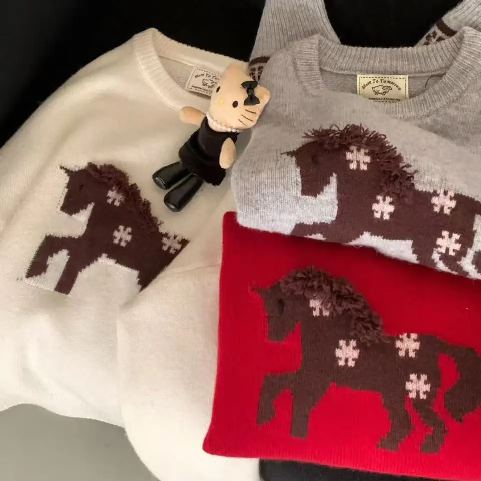 100羊毛秋冬慵懒风小马提花圆领套头针织衫女