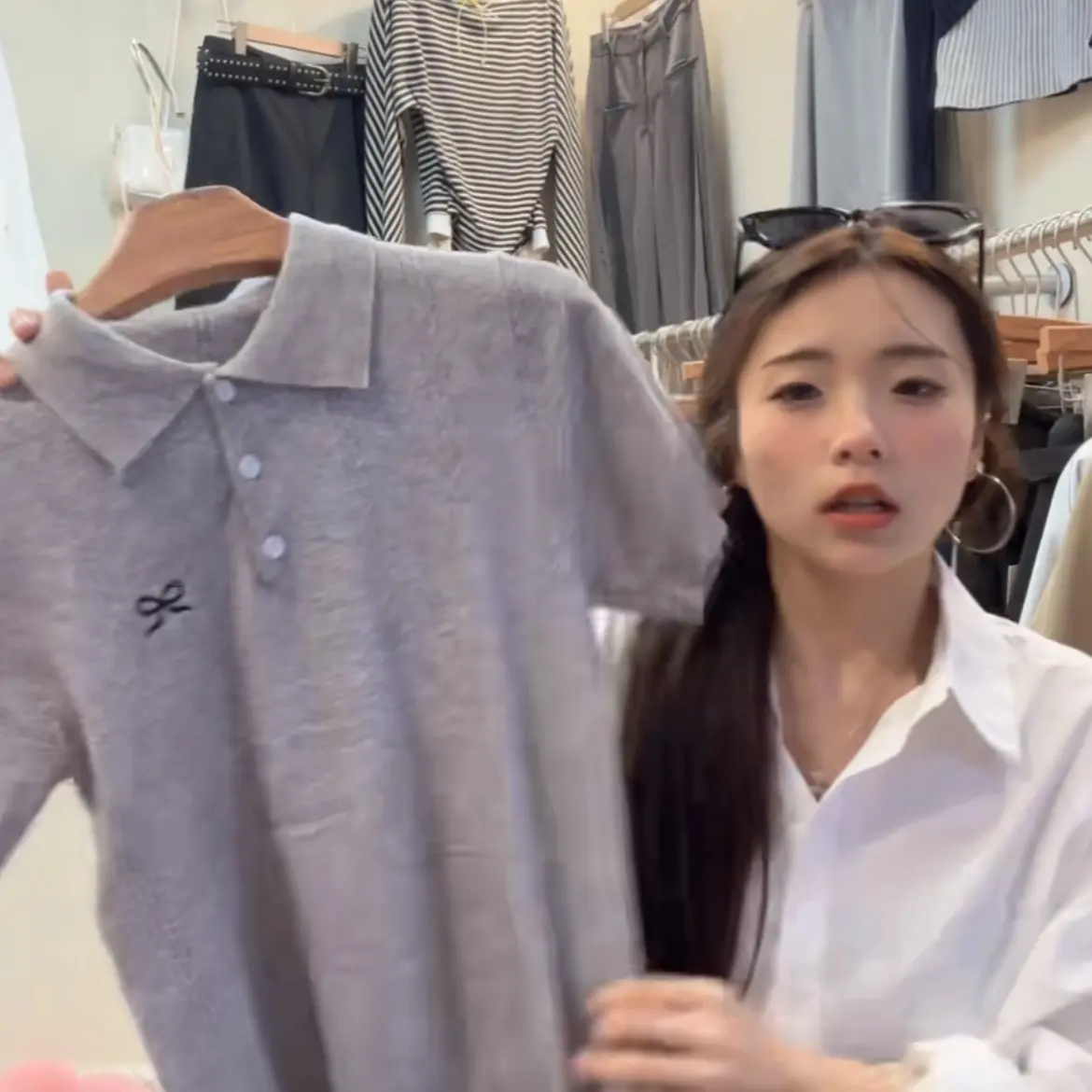 短袖常规夏季刺绣落肩袖毛针织衫灰色翻领蓝色女装