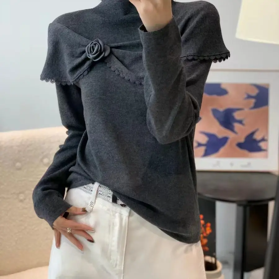 6901款立体花朵半高领针织打底衫女秋冬百搭内搭