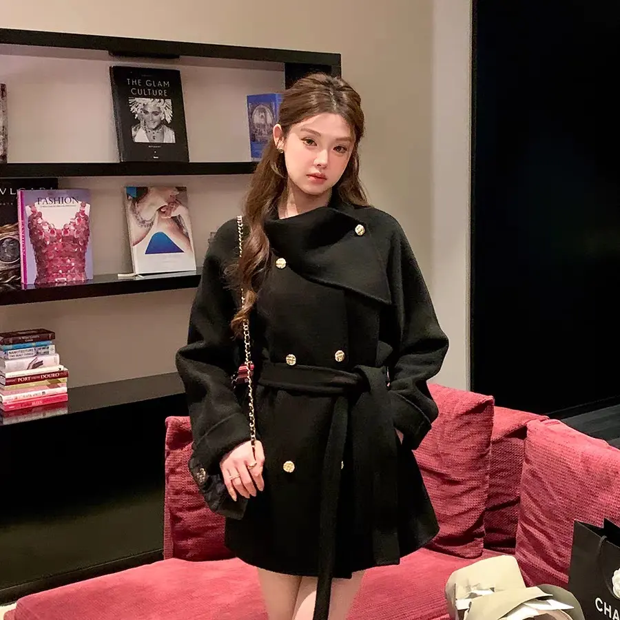 高智千金感系带收腰短款冬巨好看大衣小个子围脖领夹棉毛呢外套