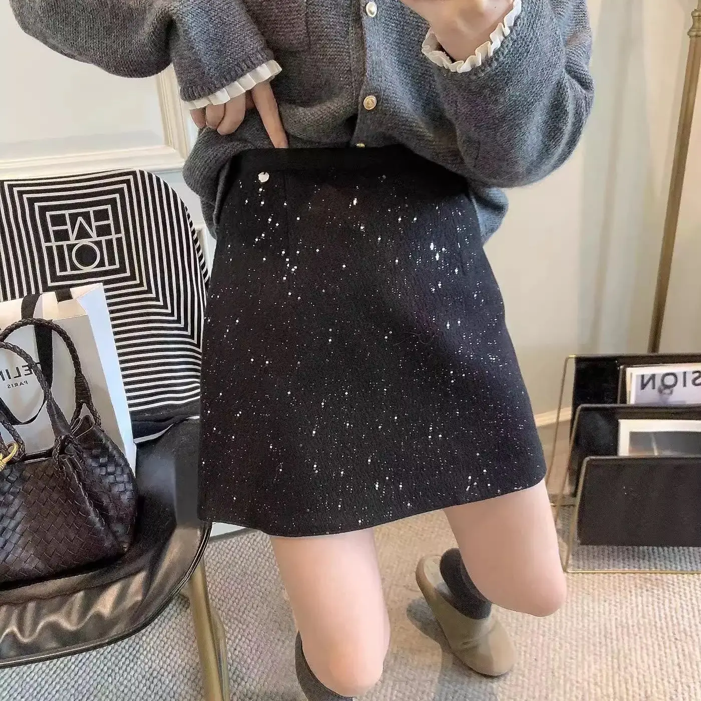悦己•韩系新款烫钻亮片高腰显瘦A字半身裙