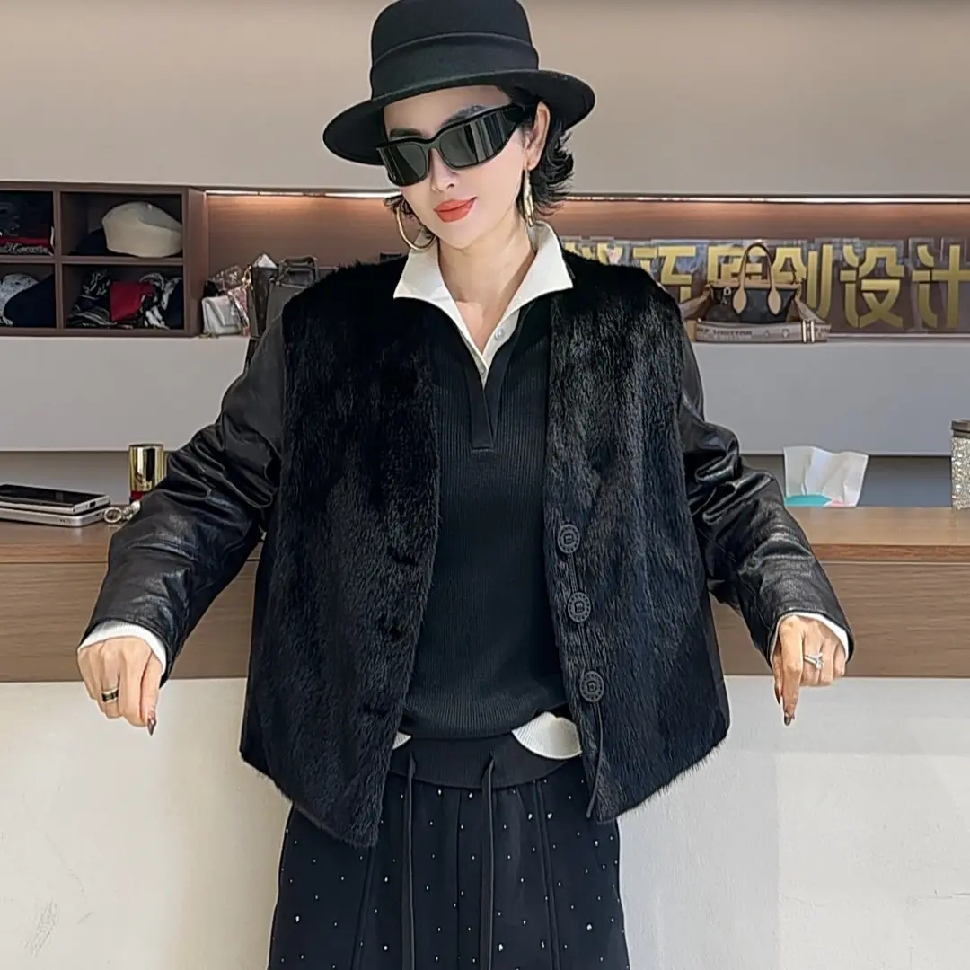 【迷巧】时髦新款拼接水貂貂皮羽绒