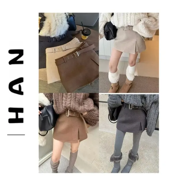 【开叉暖冬】秋冬新款高腰显瘦毛呢百搭开叉防走光A字半身短裙裤