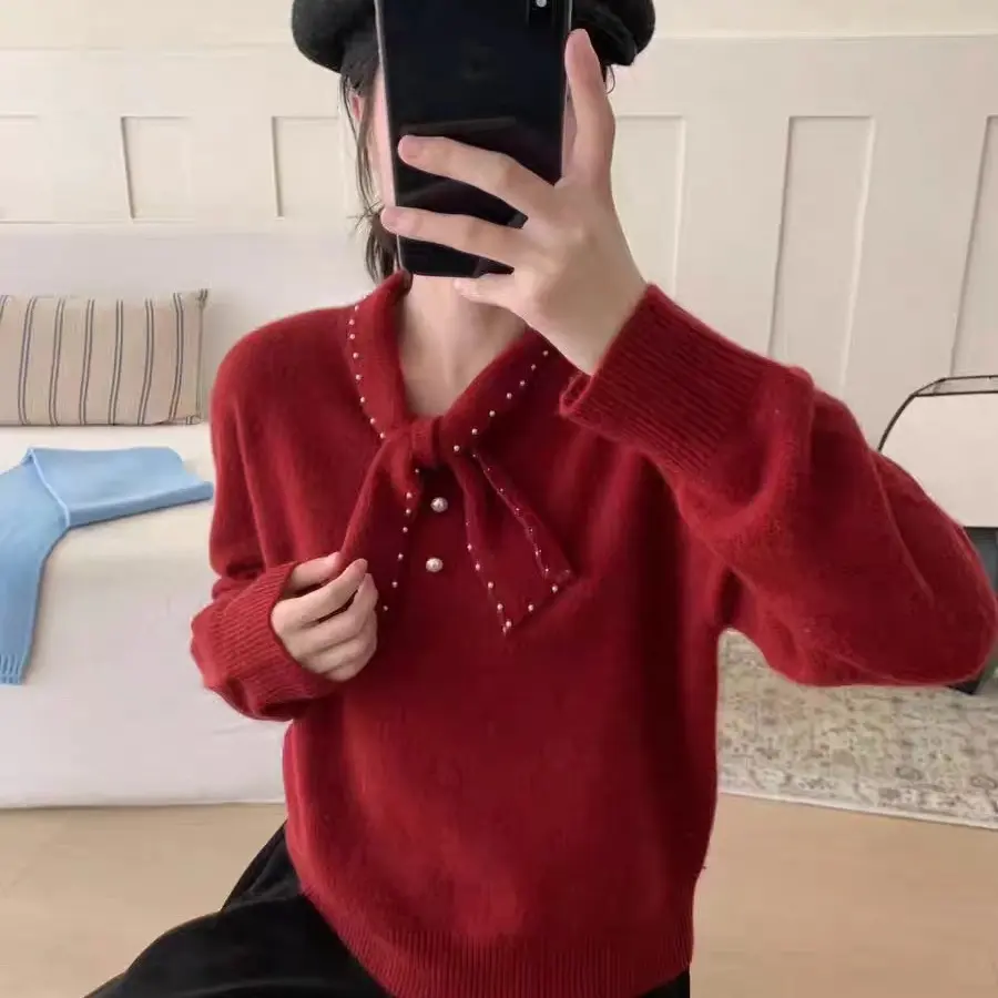 韩系复古慵懒纯色圆领蝴蝶结长袖拼接秋冬毛衣女款