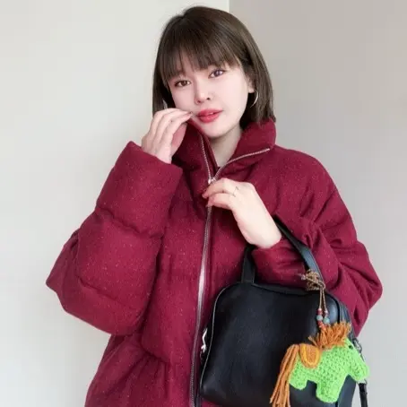 酒红短款立领山羊绒鹅外套(no退换)