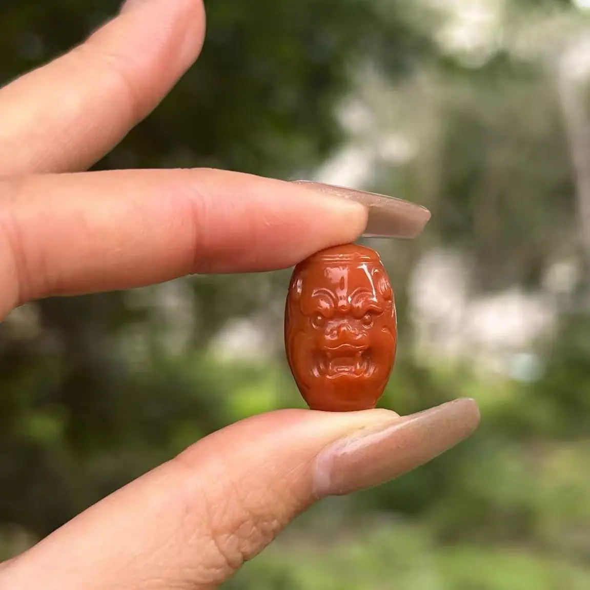 南红兽面,桶珠,瓦西柿子满色满肉料，玉质温润细腻14.5×23，7.4克