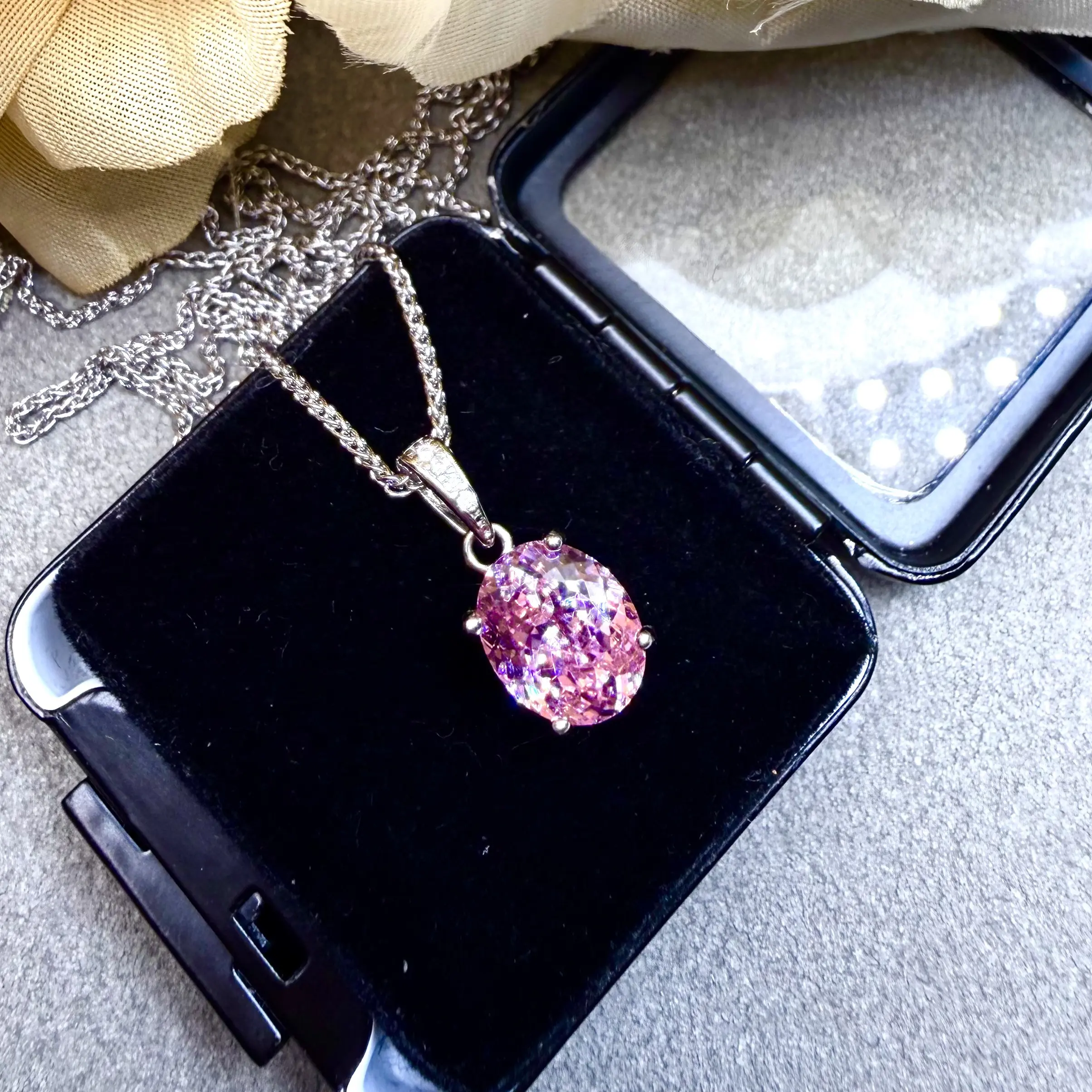 坠链均925银 阿富汗帕帕拉恰樱花粉 高订全净体 精致吊坠