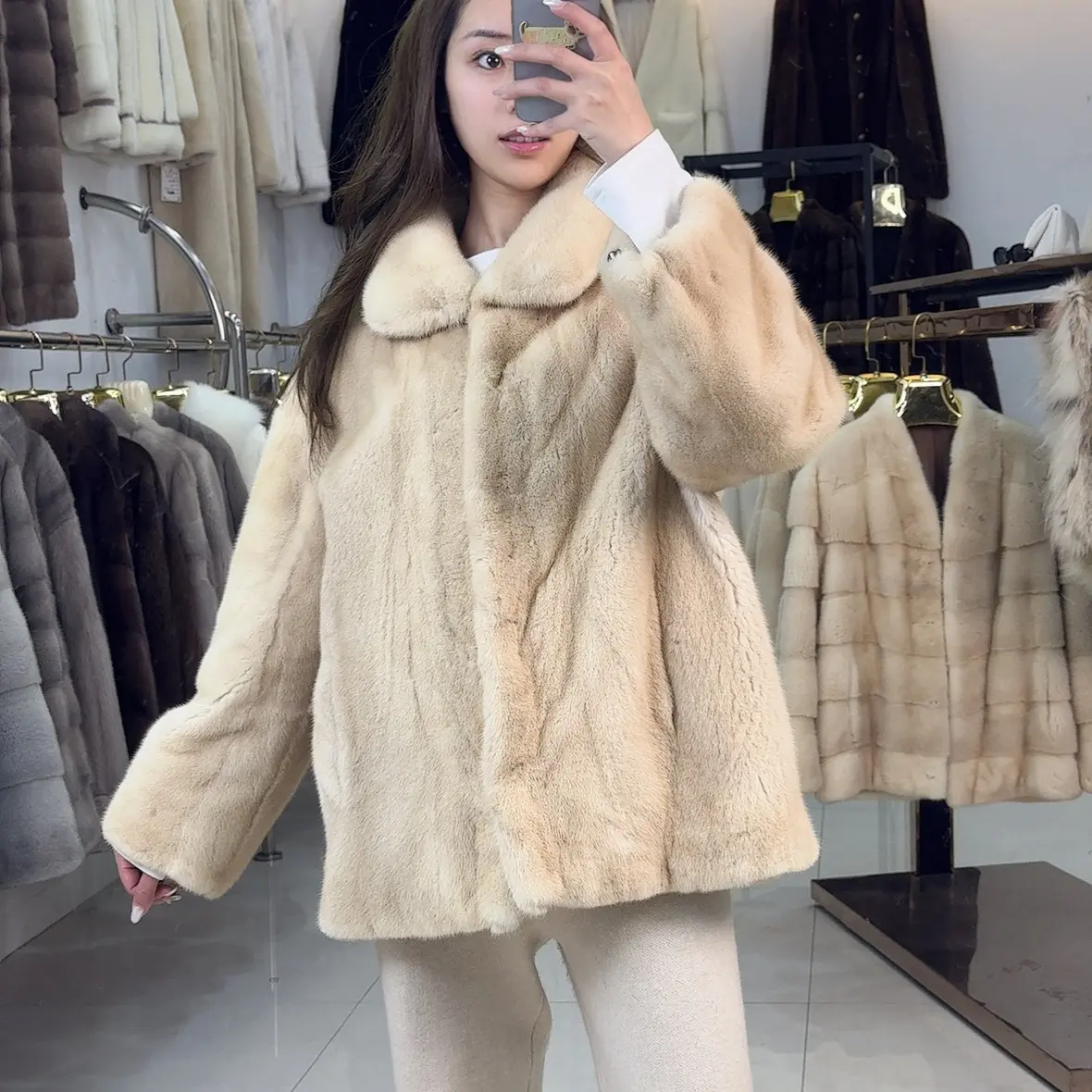 米黄本色中长款70cm奶油糯糯直袖款整皮整貂皮草外套女冬季气质风
