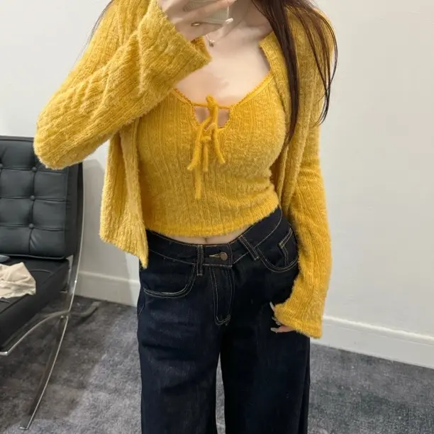 喇叭袖无领毛衣开衫女秋绑带修身毛织背心套8028