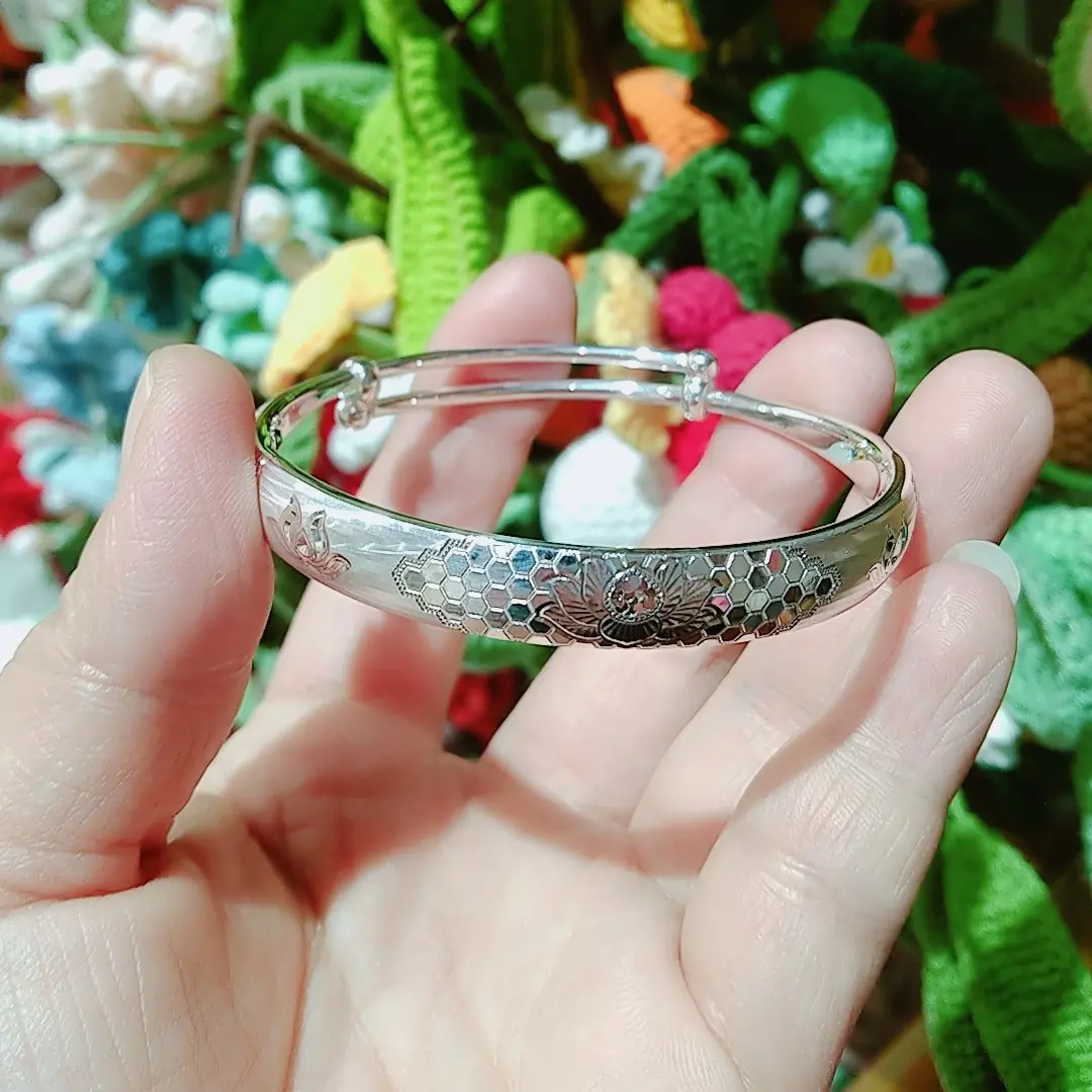 足银手镯 实心莲花手镯