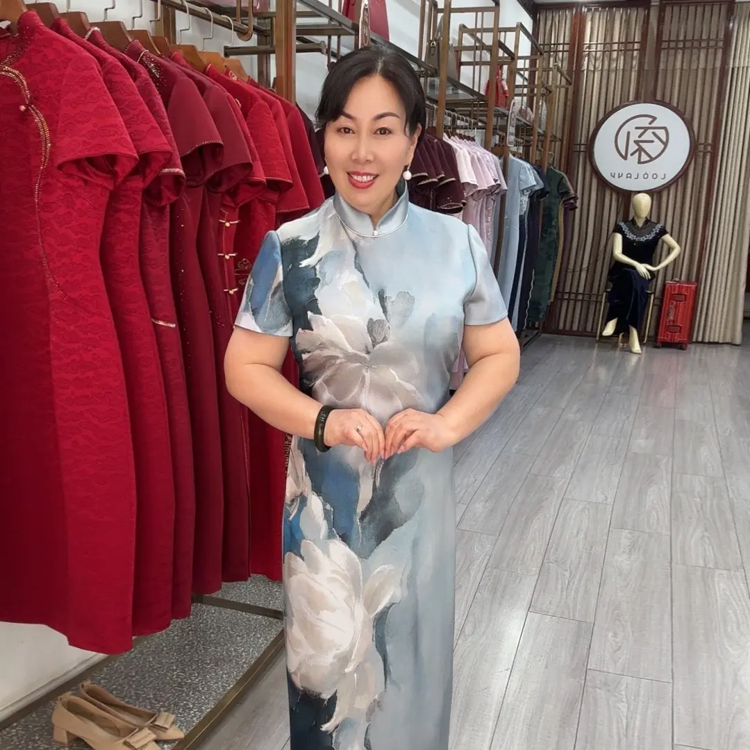 170136朱紫褕浅蓝色1.18米短袖复古优雅风旗袍日常可穿