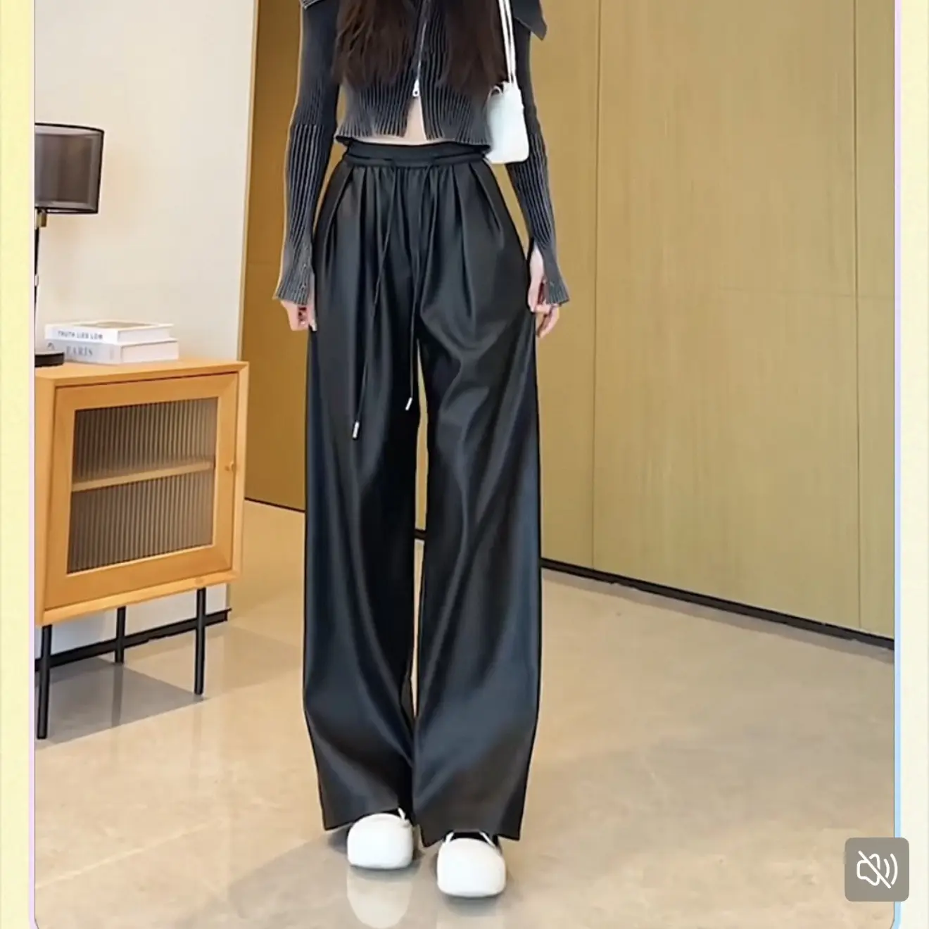 【素境】6619美式黑色皮裤秋冬高腰宽松阔腿裤新款休闲直筒裤长裤5）