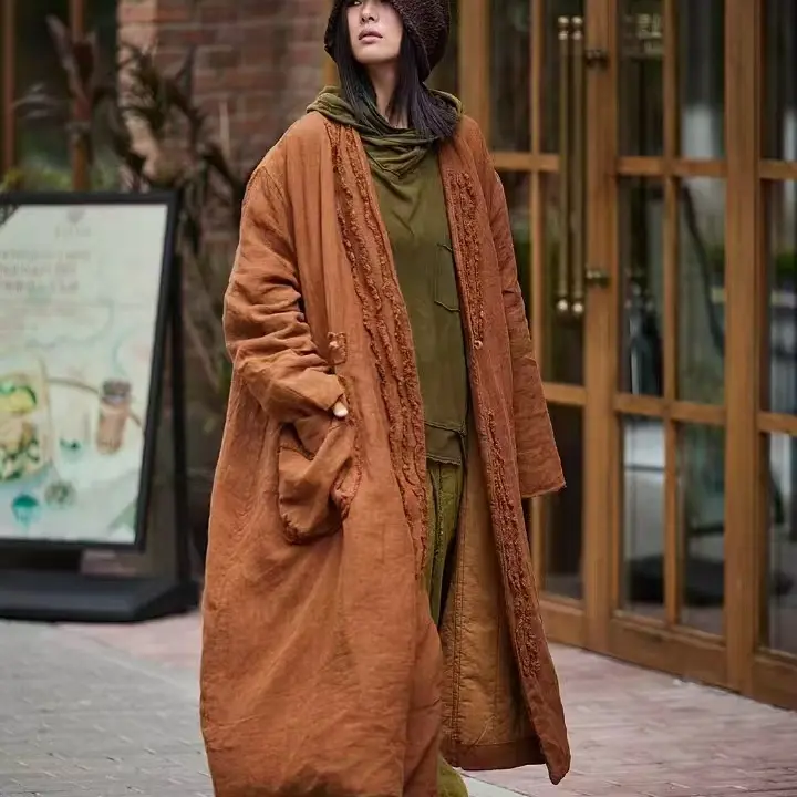 原创麻依者亚麻对襟盘扣设计装饰贴领长棉衣2024冬M-012【福利款】