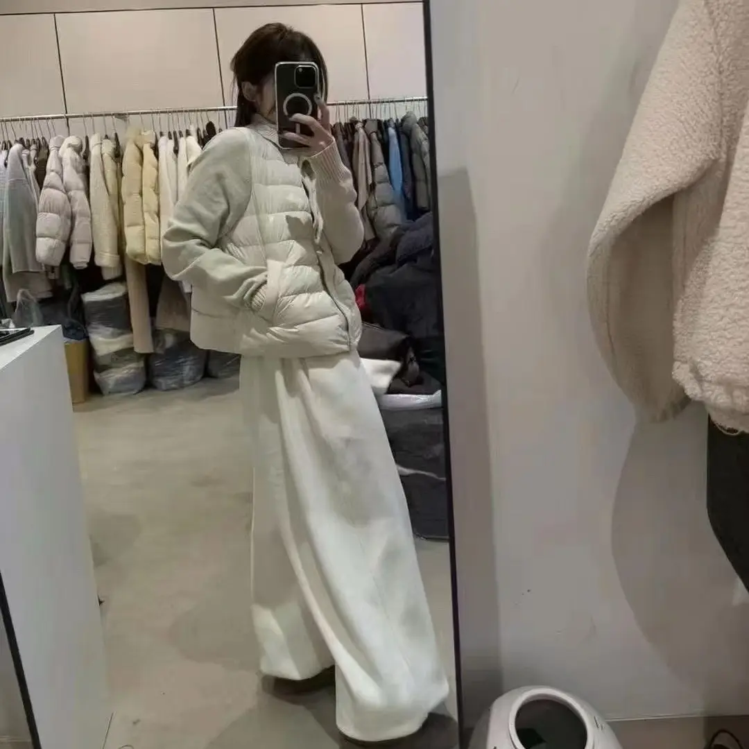 保暖短款女落肩袖拼接立领白色宽松中长款冬季