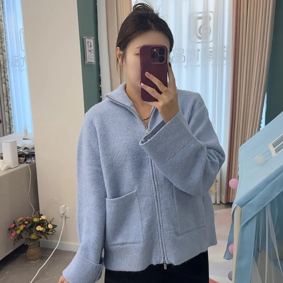 秋冬宽松双拉链圆领针织开衫女慵懒百搭保暖内搭