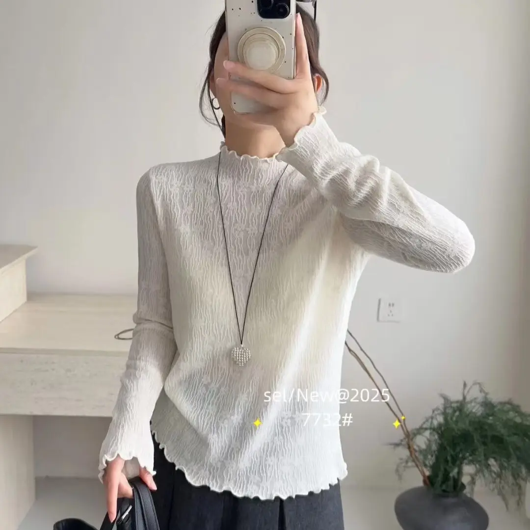 气质优雅时尚百搭仙仙儿花边领蕾丝打底衫女内搭修身显瘦木耳边