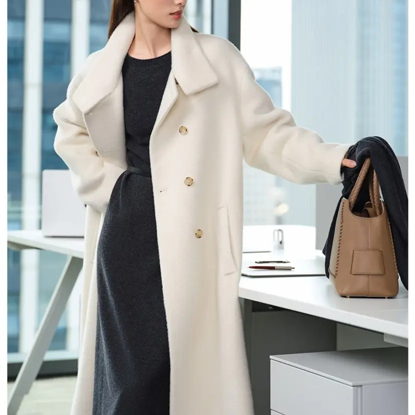 EP【唐嫣同款】精纺羊驼毛羊毛白色中长款毛呢大衣外套