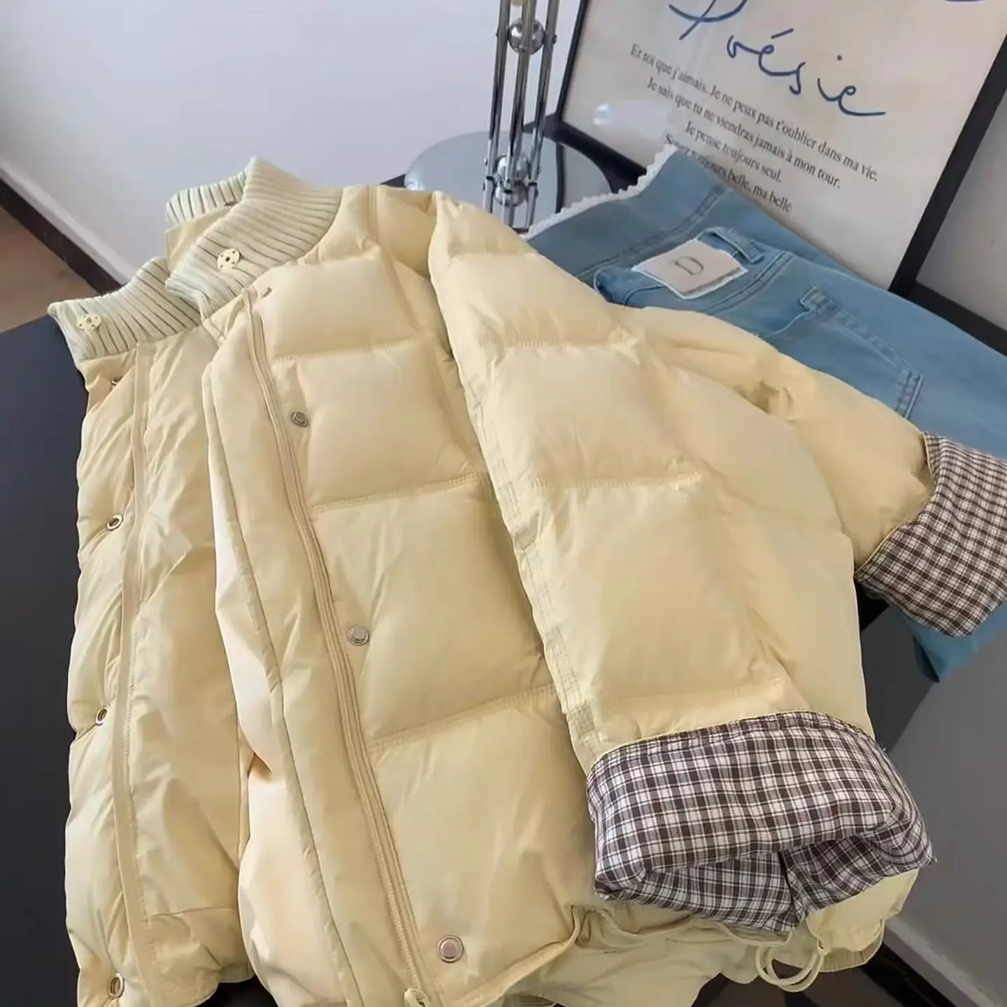 韩系格子-黄色羽绒服50绒拼接立领加厚保暖面包服冬季外套女装