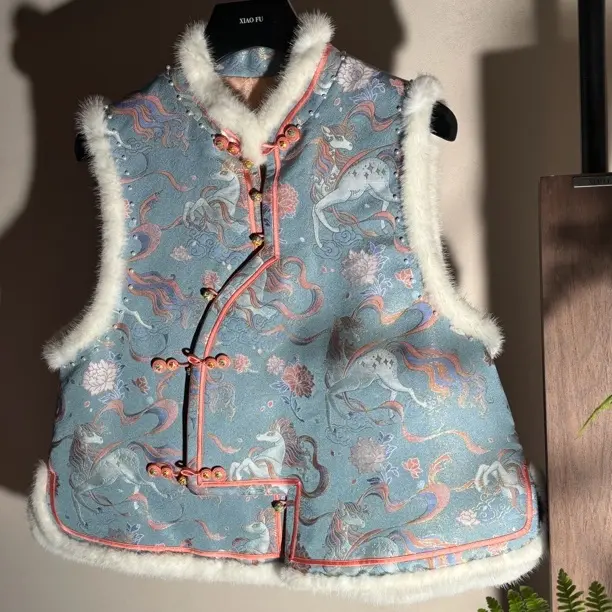 晓扶家新款新中式国风提花加棉加厚双面穿女士百搭马甲秋冬