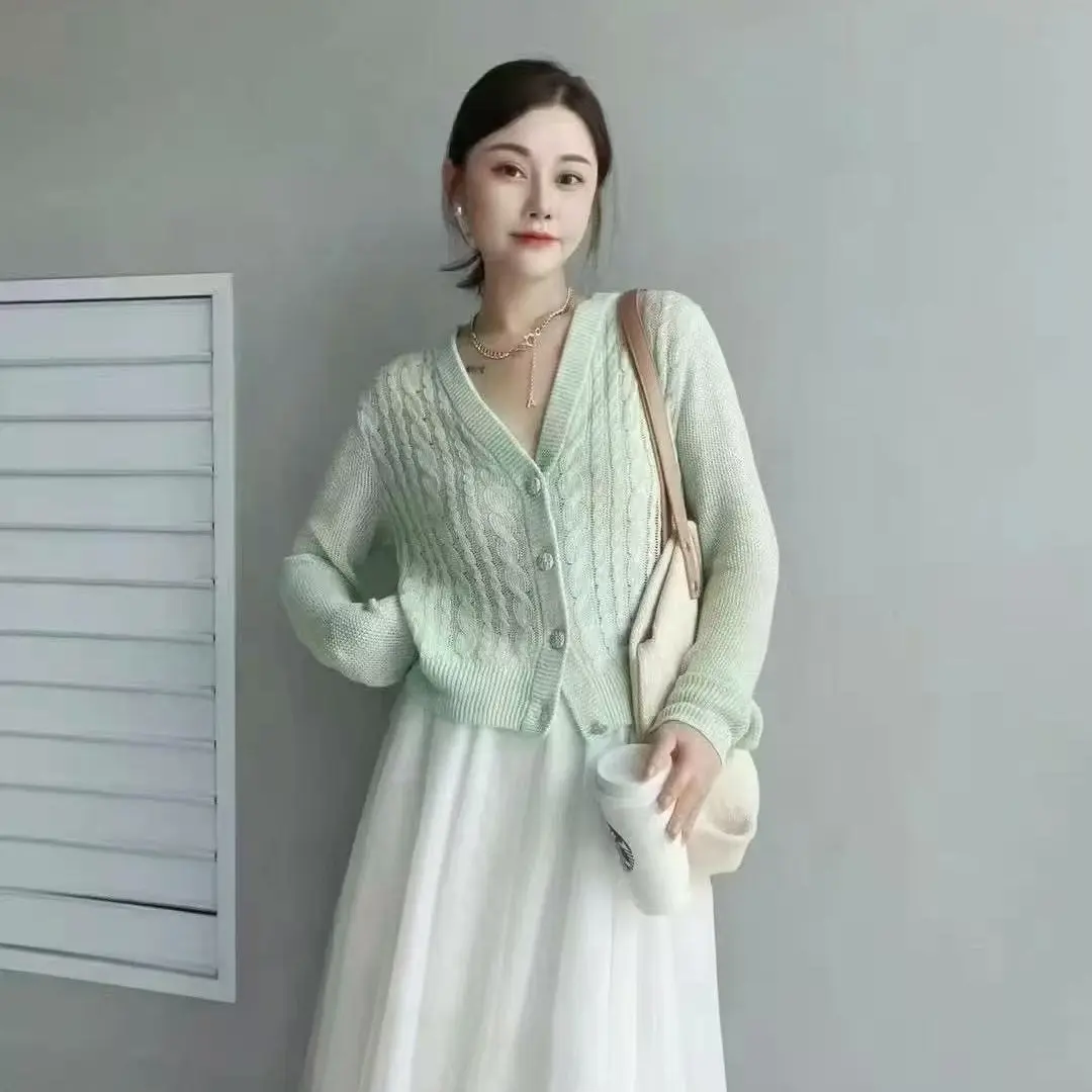 （不退换）秋冬新款V领宽松镂空百搭亚麻针织开衫女