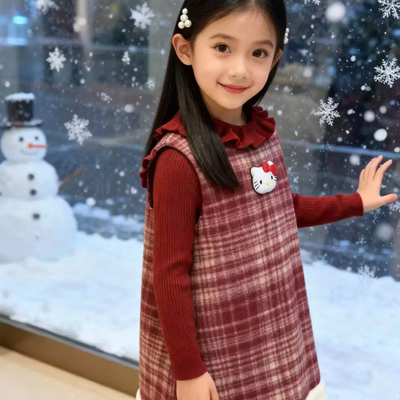 787哈哈家 女童新年装冬季加厚新款洋气韩版格子背心裙套装