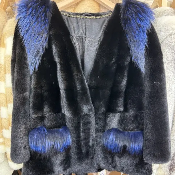 冬季时尚蓝色水貂皮草大衣外套