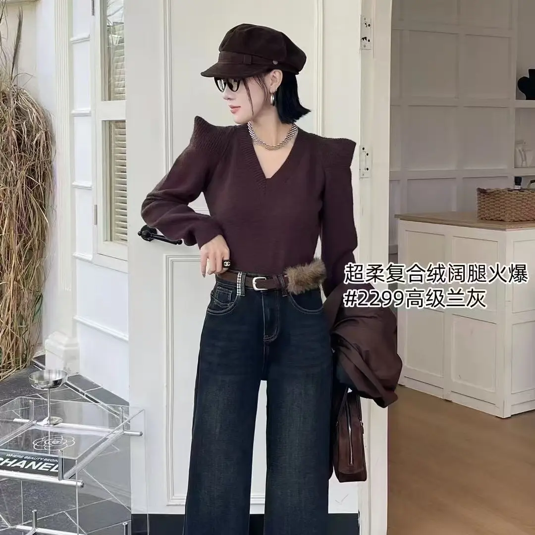 秋冬加绒加厚显瘦宽松设计感超柔修身喇叭裤子女