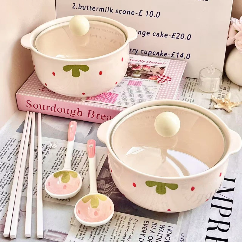 ins草莓双耳陶瓷泡面碗带盖学生宿舍用方便面碗釉下彩餐具泡面碗l