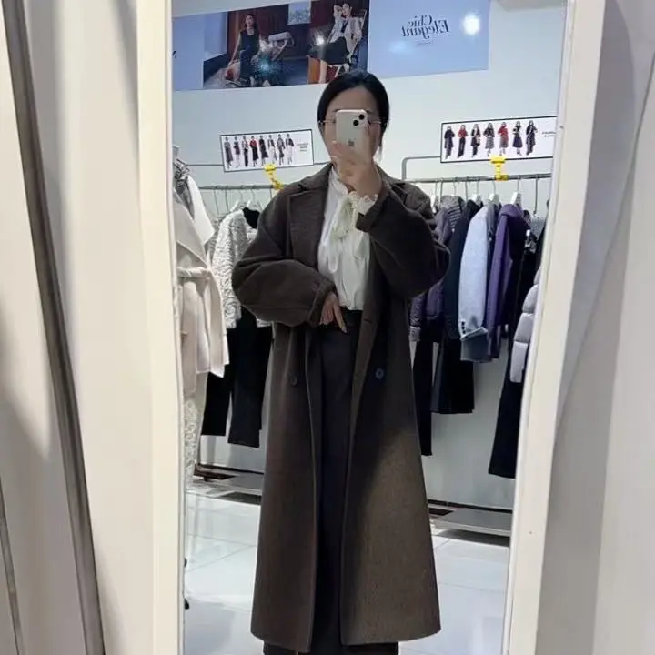 纳纹秋冬新款双面中长款女大衣宽松韩版时尚羊绒外套
