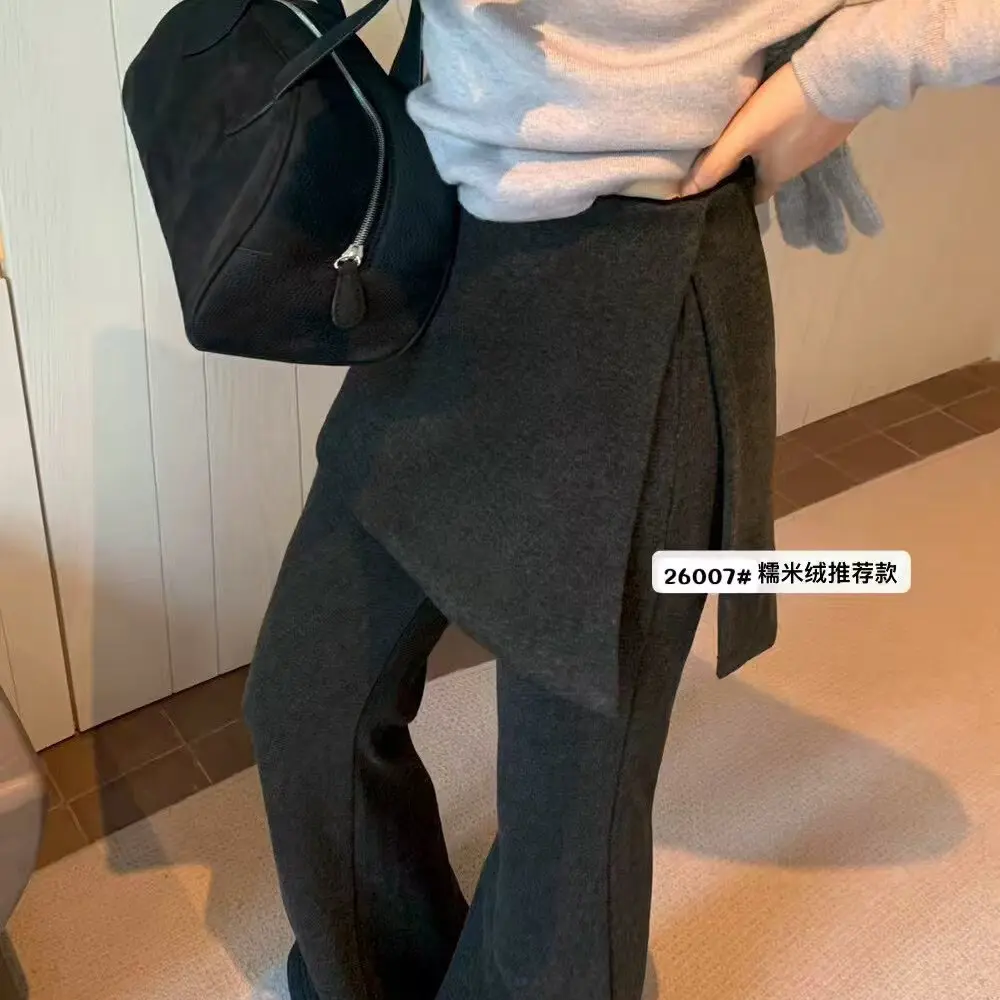 L007韩系春季加厚不加绒显瘦假两件屁帘微喇休闲长裤女