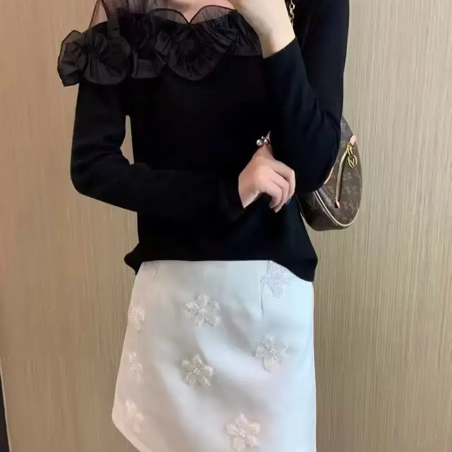 拼接针织黑色长袖秋季碎花毛针织衫春季气质毛衣女