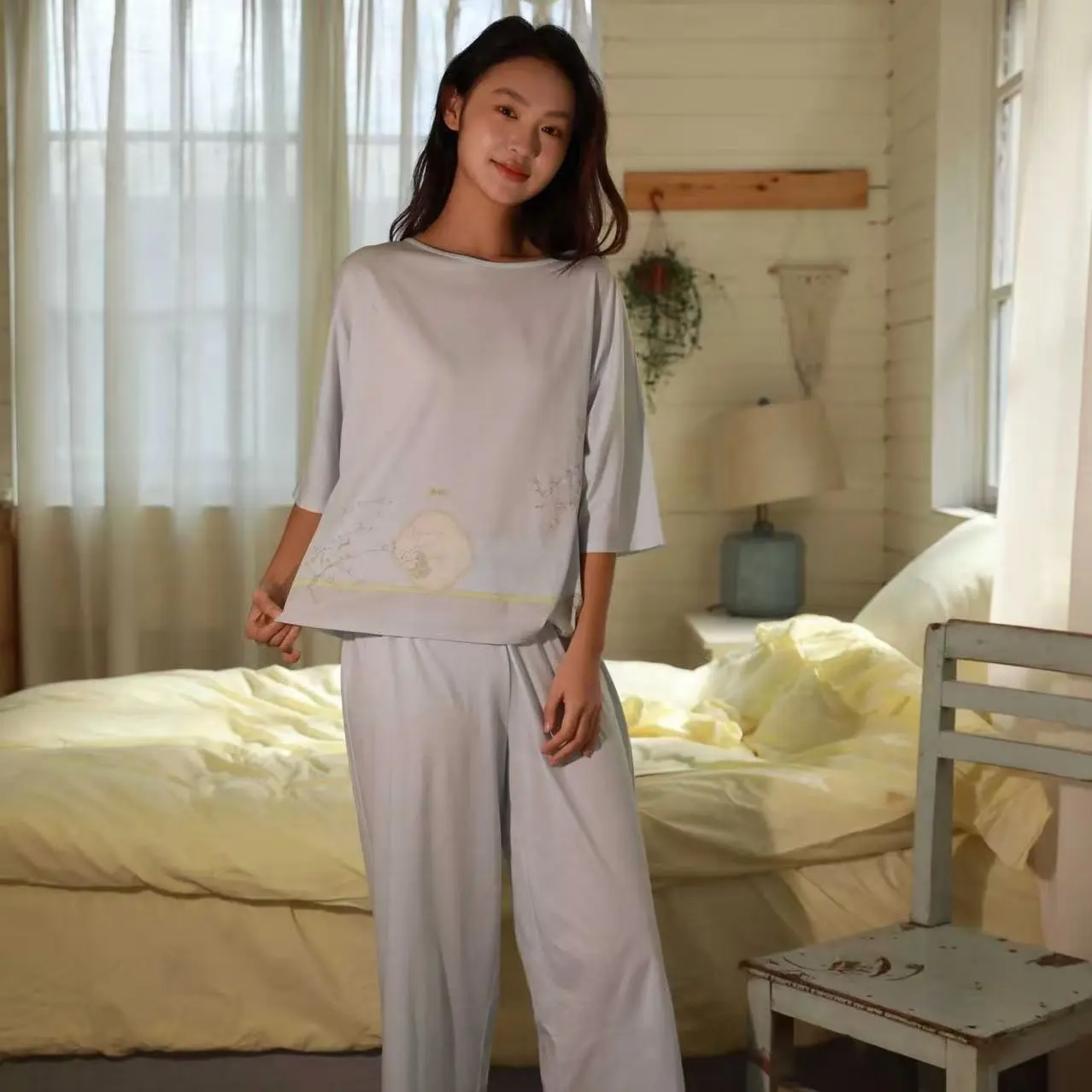 朵朵可可纯棉印花套头五分袖宽松舒适女士家居服套装
