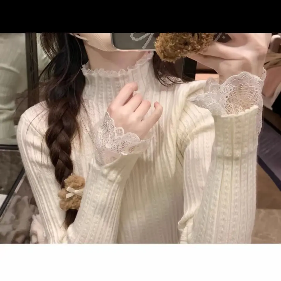 秋冬蕾丝半高领气质打底针织上衣设计款