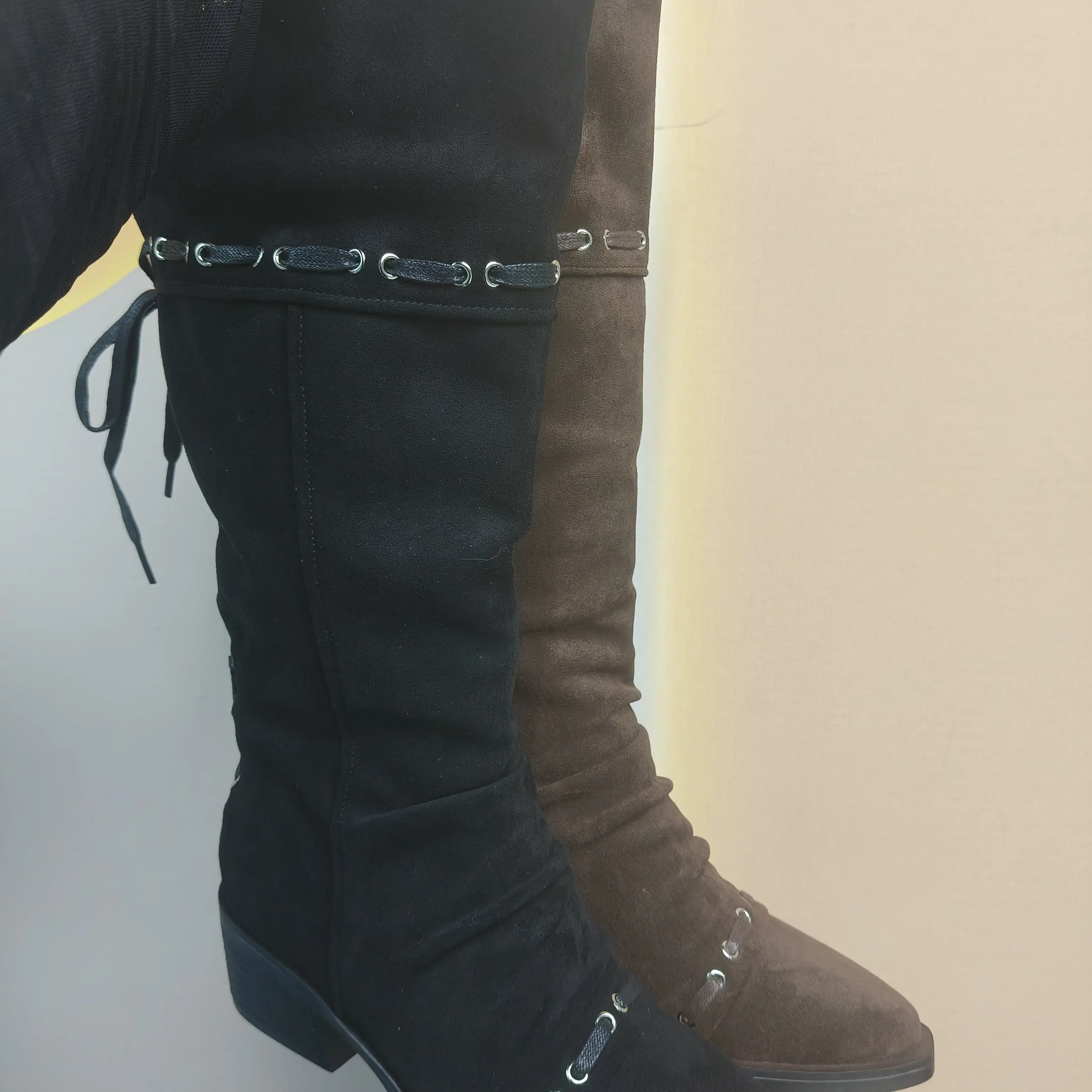 时装靴西部牛仔长筒靴女靴复古褶皱系带显瘦显腿长百搭秋冬