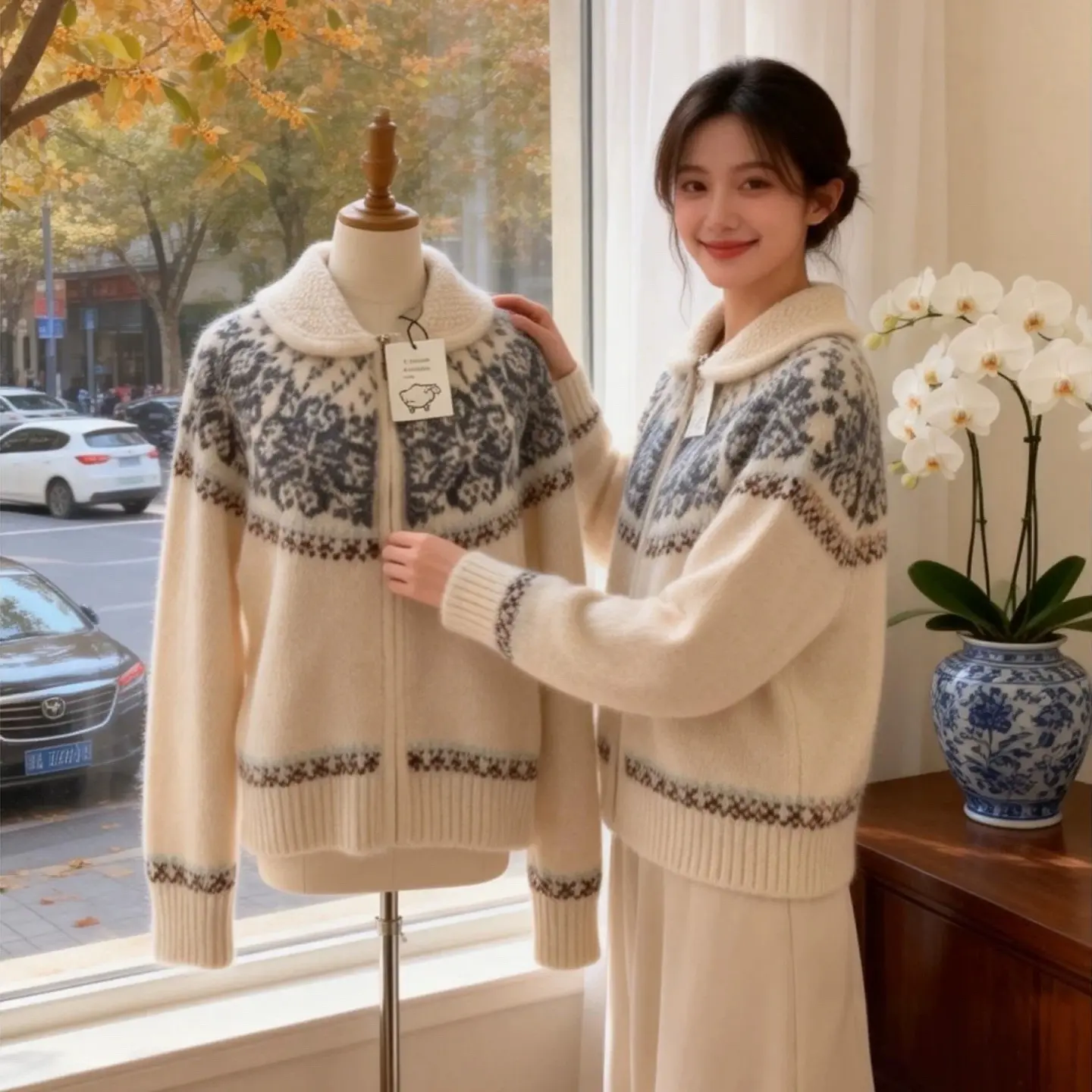 28458韩代高货慵懒风费尔岛提花针织开衫女复古宽松外套女衣长58