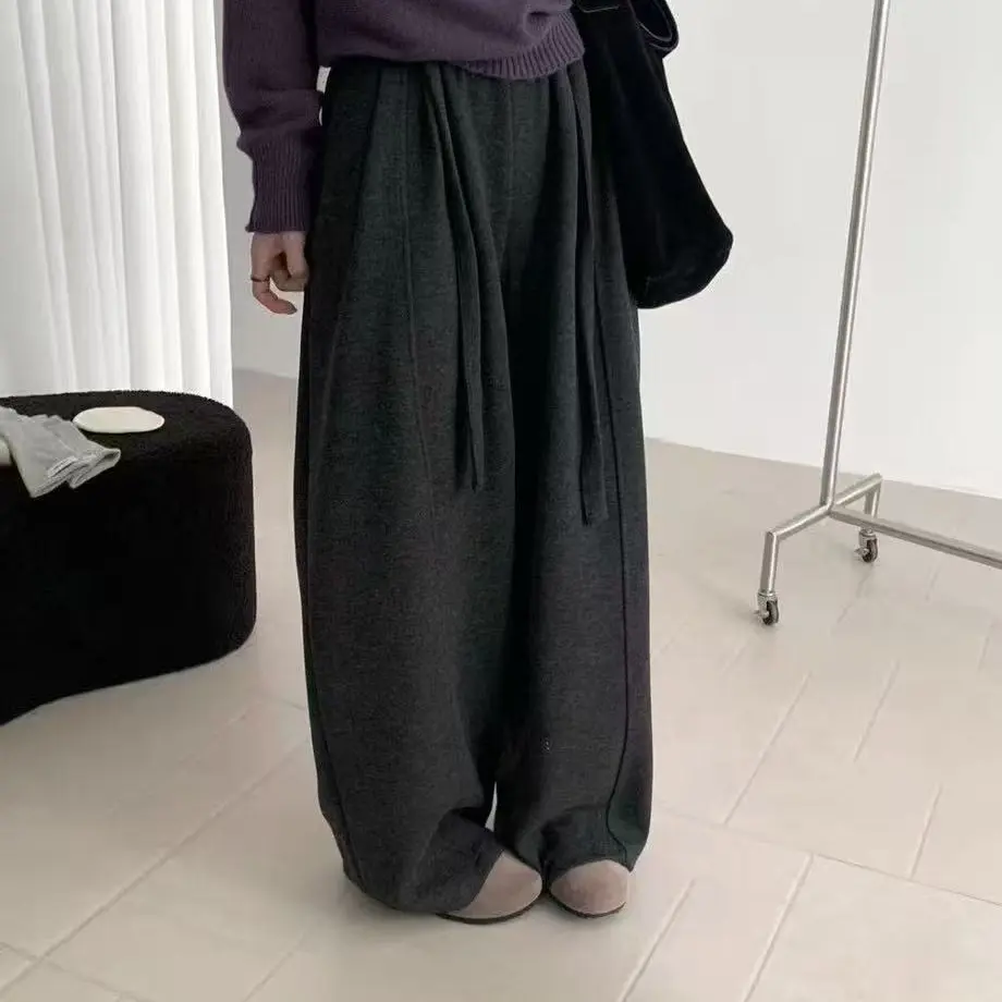 高腰纯色系带宽松老钱风醋酸糯米弯刀阔腿休闲长裤