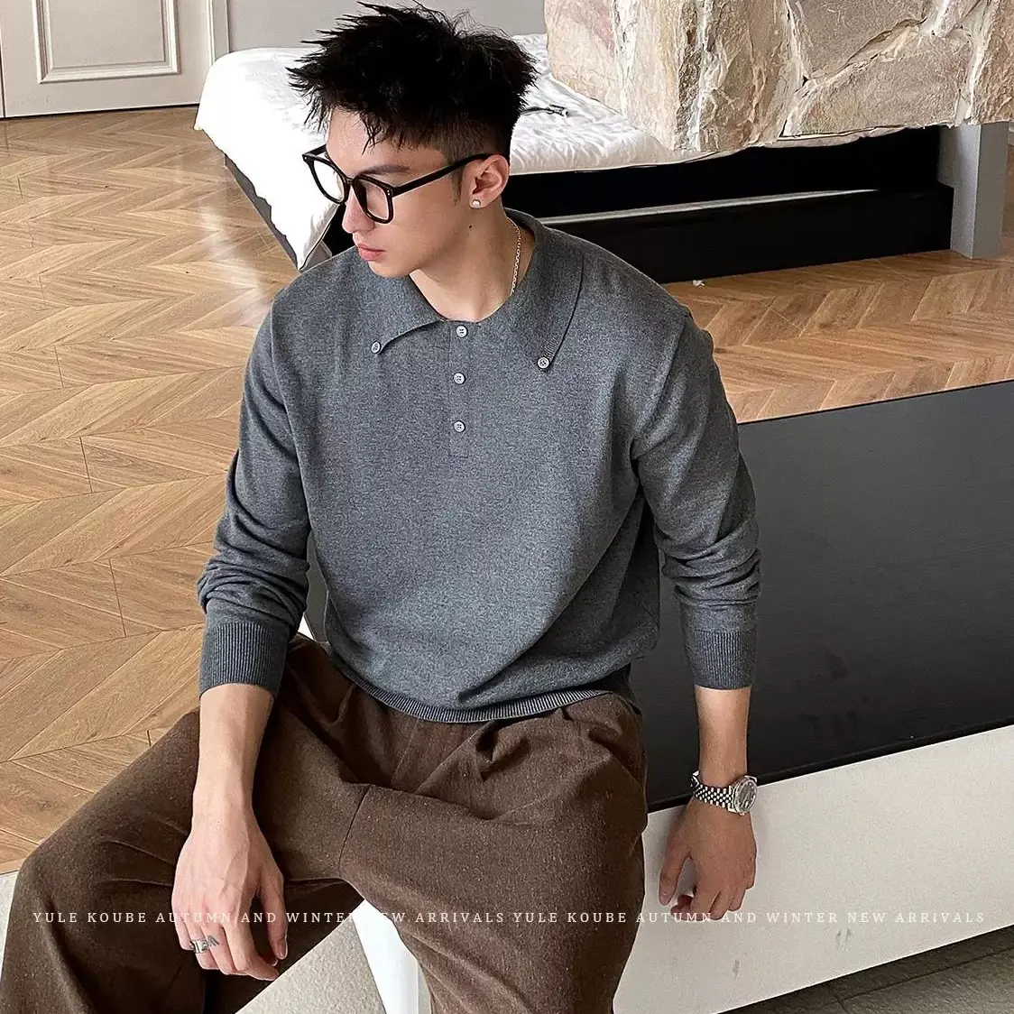 新贵风秋季松弛感翻领纽扣针织POLO衫男士正肩内搭